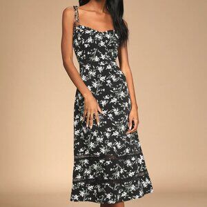 See the Blooms Black Floral Print Tie-Strap Midi Dress